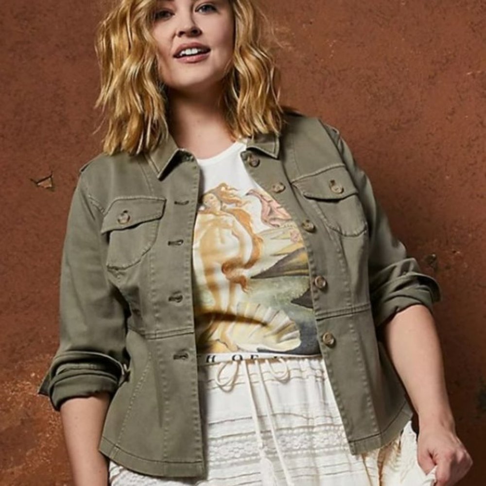 TORRID LIGHT OLIVE GREEN TWILL PEPLUM UTILITY JACKET